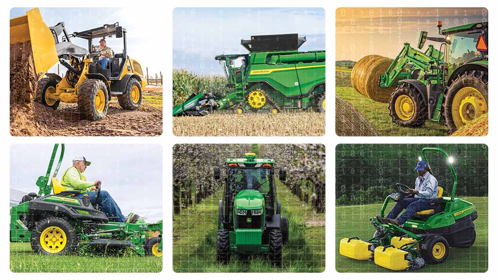 Collage d’images contenant des équipements agricoles de grande taille, de petite taille et d’entretien des espaces verts entourés d’un ordinateur portable avec John Deere Operations Center sur l’écran.