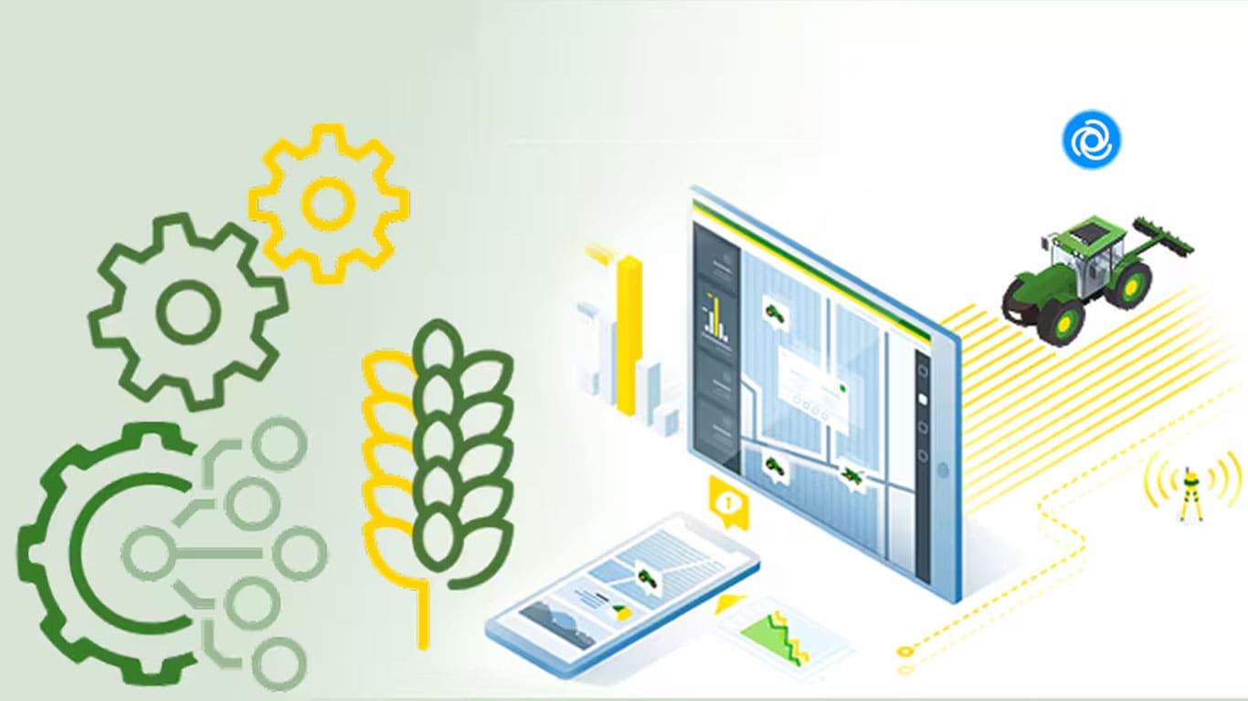Illustration showing connected agriculture technology with gears, a mobile device, and a tractor linked to a digital interface.