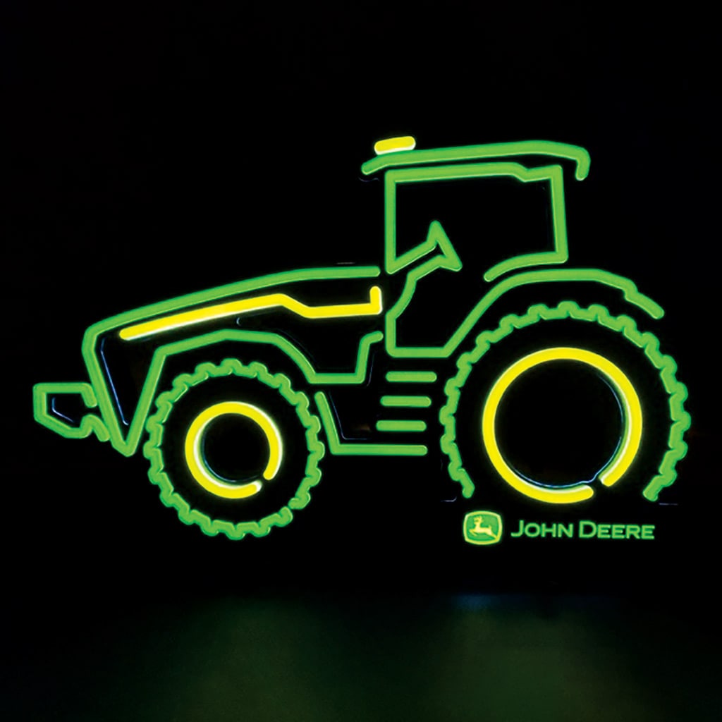 Neon outline of a John&nbsp;Deere tractor in green and yellow against a black background.