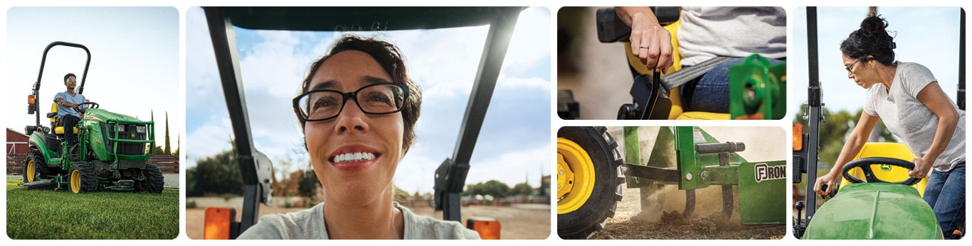 Montage de deux personnes utilisant un tracteur sous-compact de la série 1 pour travailler sur leur terre.