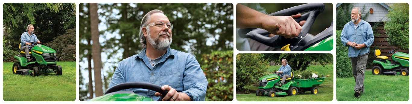 Montage of person mowing grass with their Z530M Zero-Turn Lawn-mower. Person turns an ignition key and controls the mower's levers.