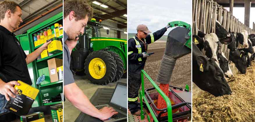 Quatre images représentant un homme avec des pièces John Deere, un homme qui utilise un ordinateur, un homme qui travaille dans un champ et des vaches qui mangent dans une grange.