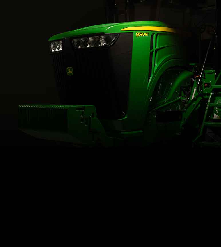 Close up of a John Deere 9520RT Tractor hood with spotlight on it