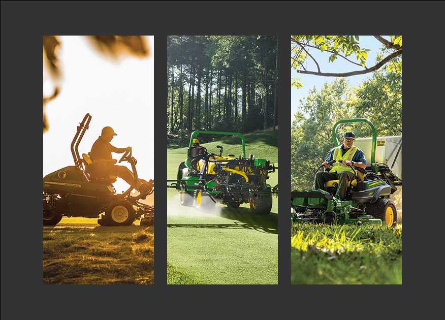 Trois images côte à côte : homme qui utilise une tondeuse commerciale sur un terrain de golf au coucher du soleil; employé qui utilise un véhicule utilitaire commercial d'entretien des terrains de golf et des gazons doté d'un pulvérisateur sur un terrain de golf; homme qui utilise une tondeuse à rayon de braquage nul commerciale