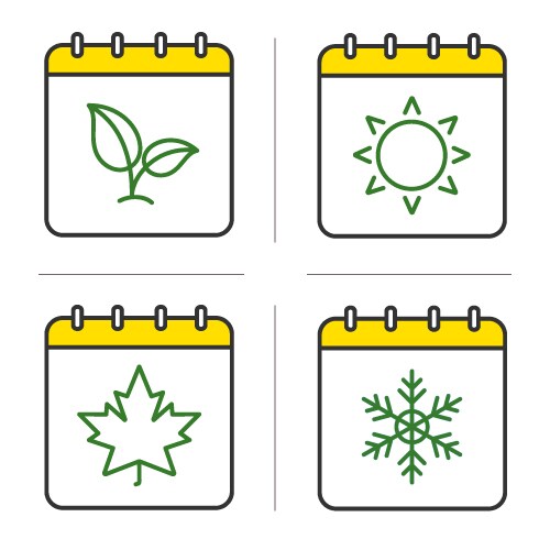 quatre icônes de calendrier affichant un symbole qui représente les quatre saisons de l'année