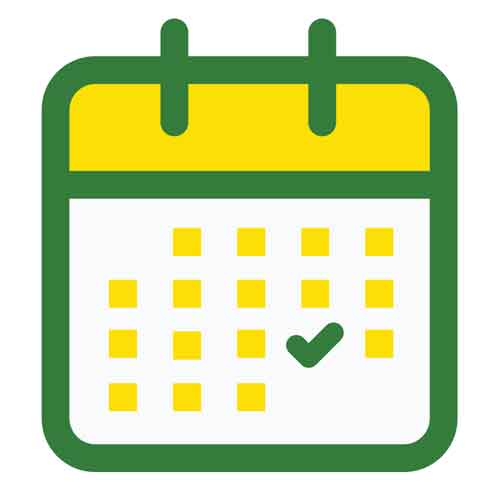 Green and yellow icon of a calendar with a green checkmark
