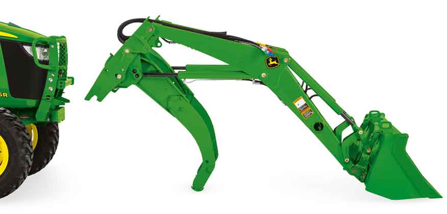 Studio image of a bucket attachment connecting to a John Deere Compact Tractor