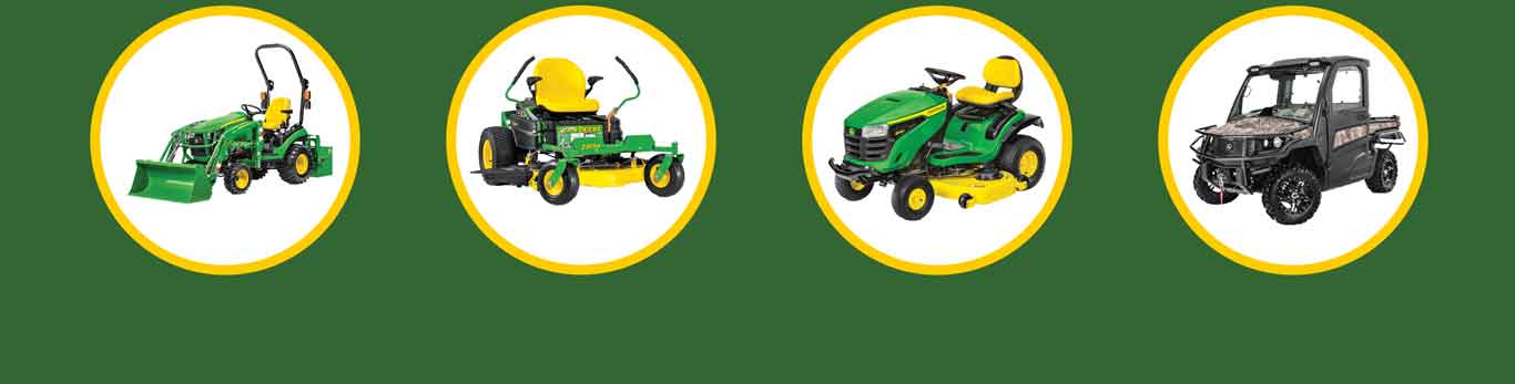 Green background with yellow and while circles that have a John Deere compact tractor, Gator utility vehicle, lawn tractor, and zero turn mower in them