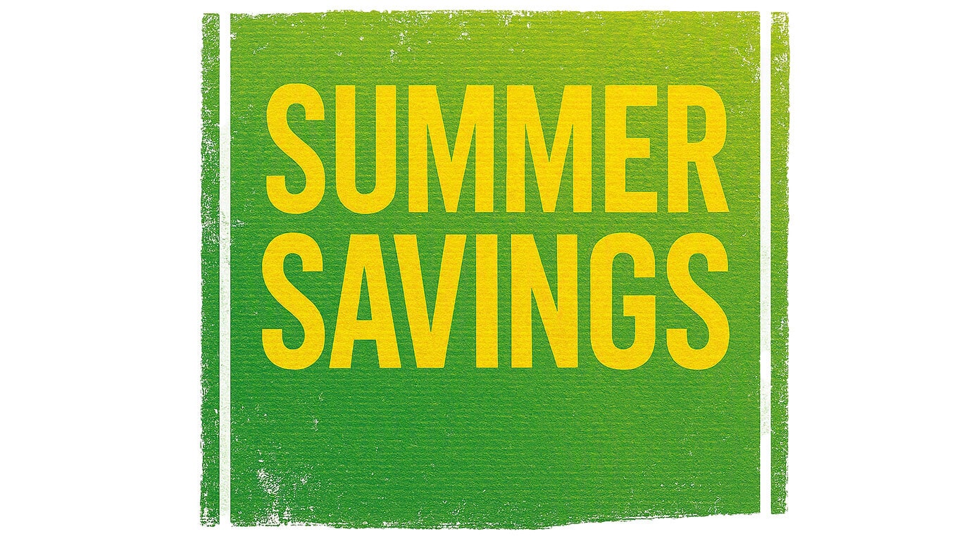 Text reads ‘SUMMER SAVINGS’ in bold yellow on a green textured background.