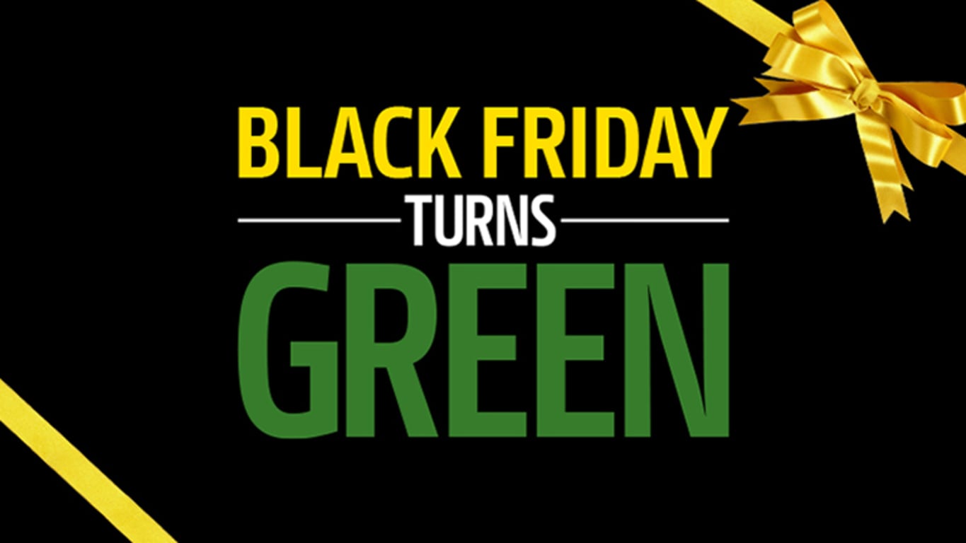 Black Friday Turns Green in yellow and black text with yellow ribbon in corner on black background