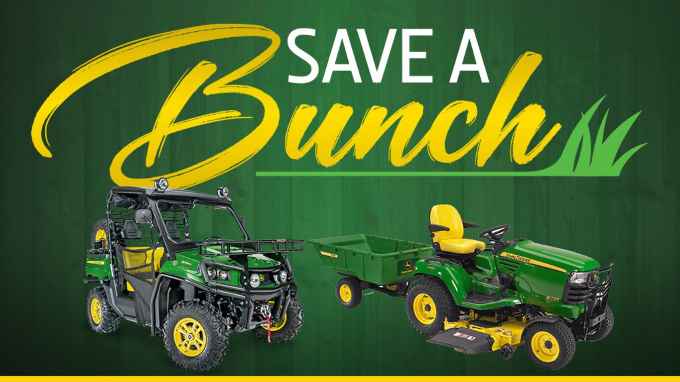 Save a bunch logo on green and yellow background with gator utility vehicle and x700 series mower overlay