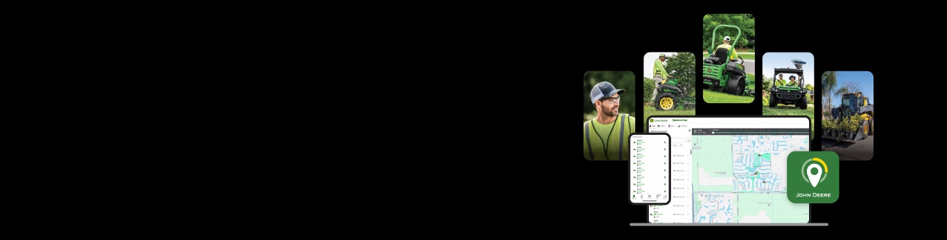 A collage of landscaping operators using John Deere equipment behind screenshots of John Deere Operations Center™.