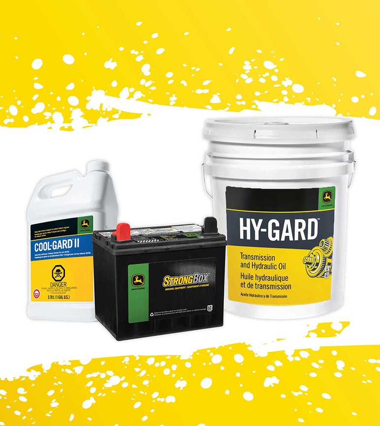 Containers of coolant, oil, and a battery against yellow background with white splatter pattern