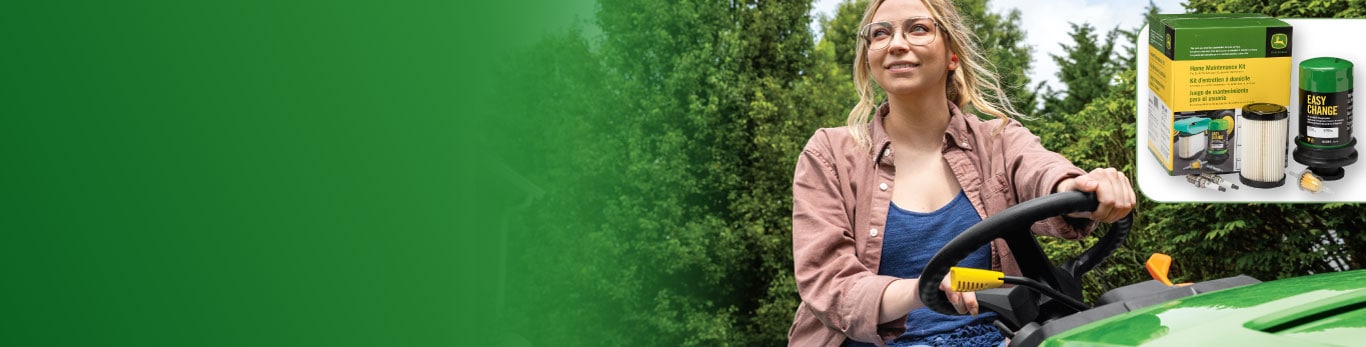 Woman riding on a mower with googles on, with various parts displayed in the top right corner of the ad.
