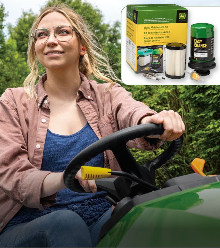 Woman riding on a mower with googles on, with various parts displayed in the top right corner of the ad.