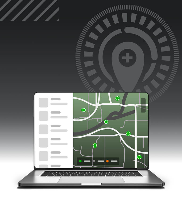Laptop with informational map display surrounded by technological icons on a gray to white vertical gradient.