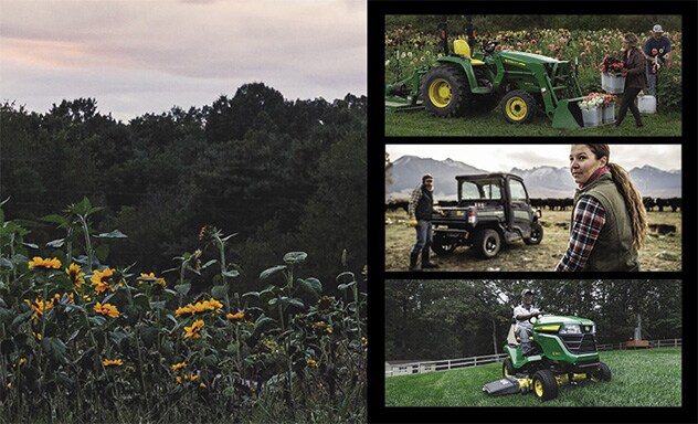 Photo montage of customers using their John Deere equipment in every day life