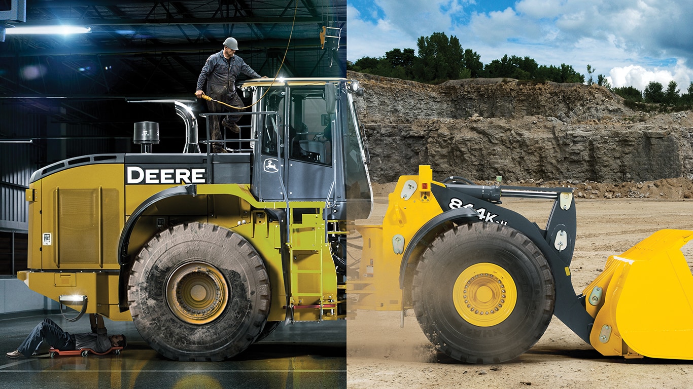  image split with the back end of a John Deere 844K wheel loader being rebuilt in a dealership and the front end showing the machine back to work on site.