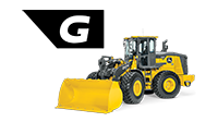 Side view of a 644 G-Tier Wheel Loader on a white background with the G icon from the machine shown large above it