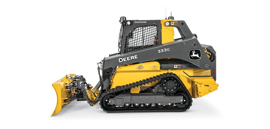 Side view of a John Deere 333G Compact Track Loader with a six-way SG96 Dozer Blade attachment on a white background