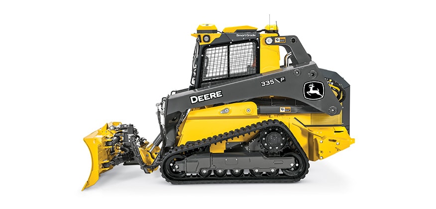 Side view of a John Deere 333G Compact Track Loader with a six-way SG96 Dozer Blade attachment on a white background