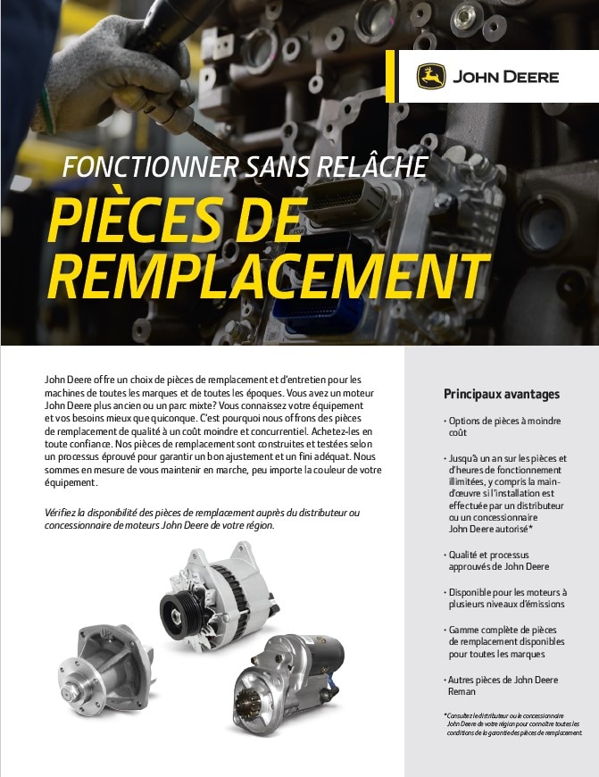 Page couverture du magazine en ligne pour les pièces alternatives John Deere avec texte et images des pièces usinées