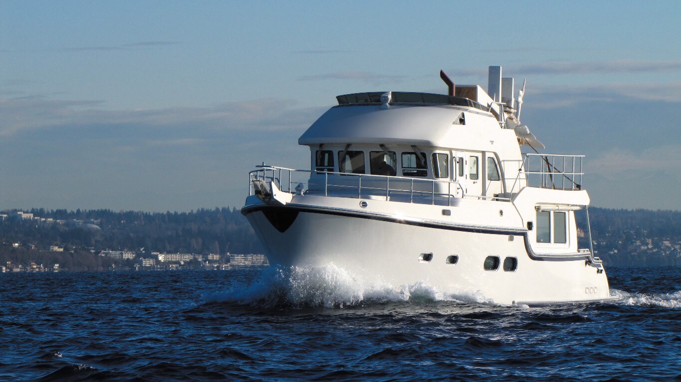 John Deere-powered Dirona, a Nordhavn 52 yacht, moving in open water.