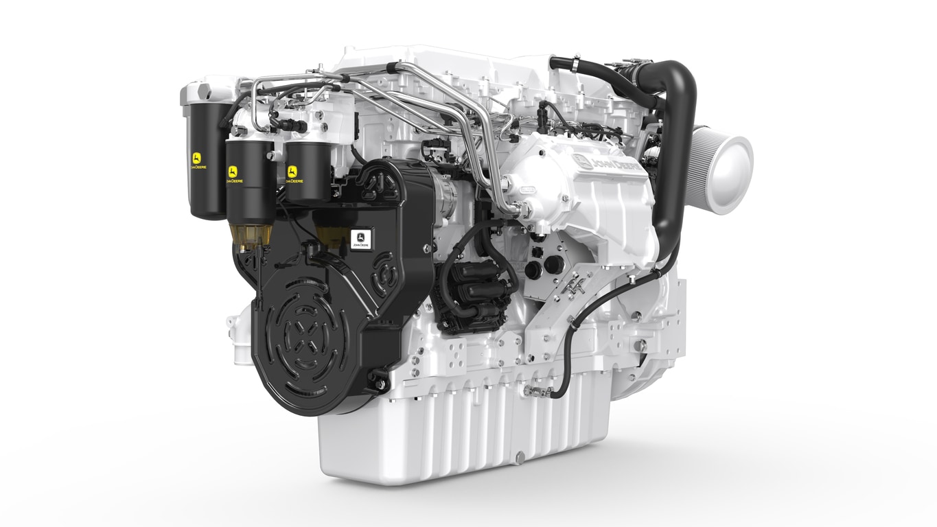 Moteur marin JD14P vue avant gauche sur fond blanc