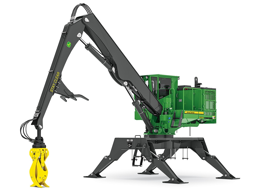 John Deere 437E Knuckleboom Loader on a white background