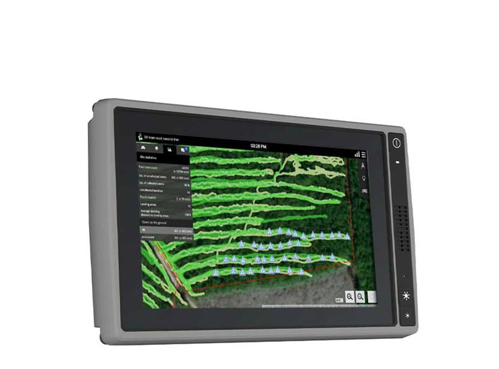 John Deere machine monitor on a white background with a TimberMatic map on the monitor screen