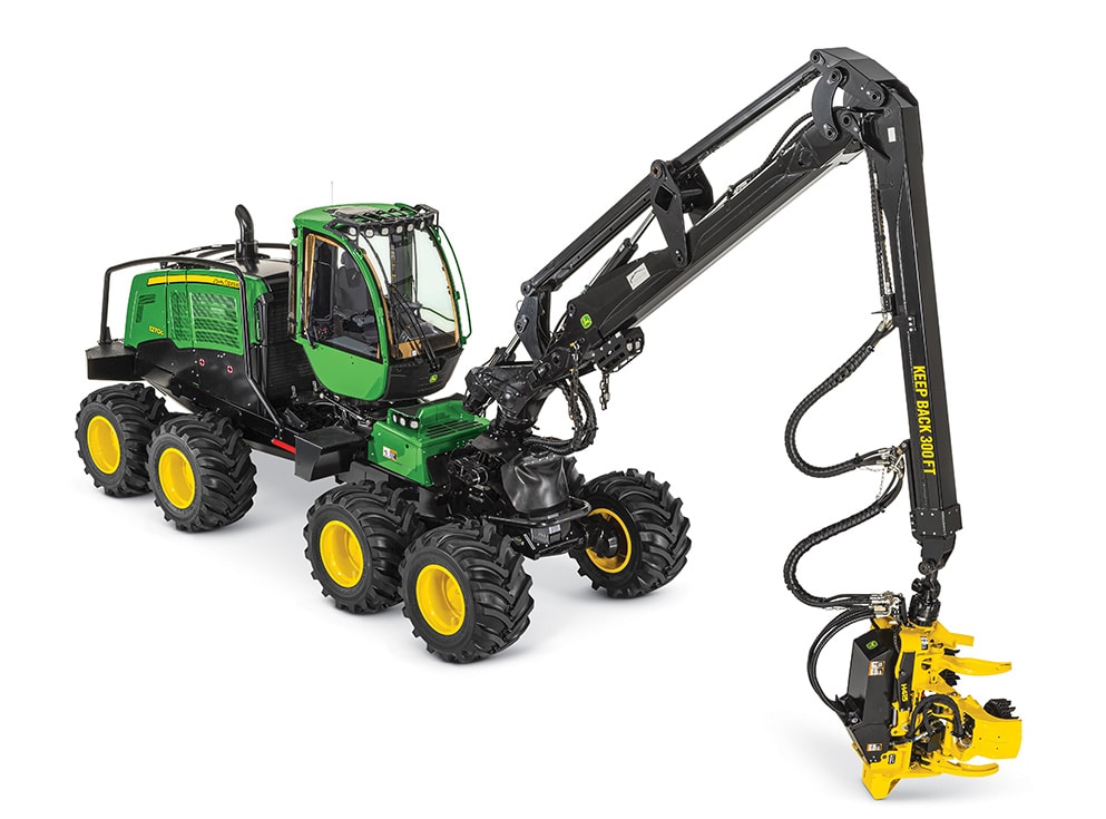 John Deere 1270G Wheeled Harvester on a white background