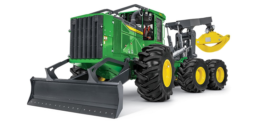 A John Deere 768-II Bogie Grapple Skidder on white background.