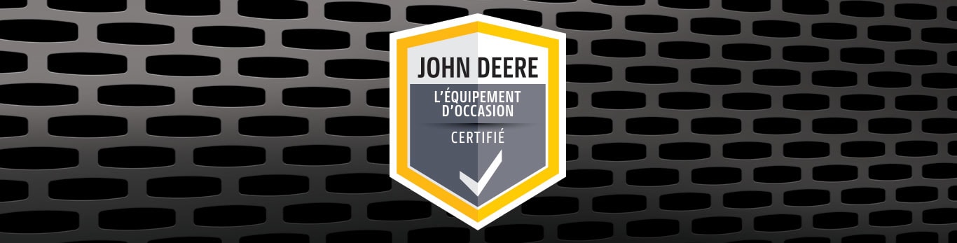 Logo d’équipement d’occasion certifié de John Deere noir avec texte en jaune