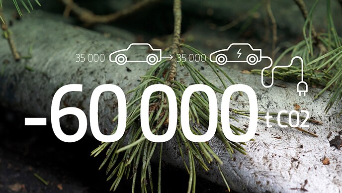 Tree branches and drawings of cars, highlighting decreased emissions.