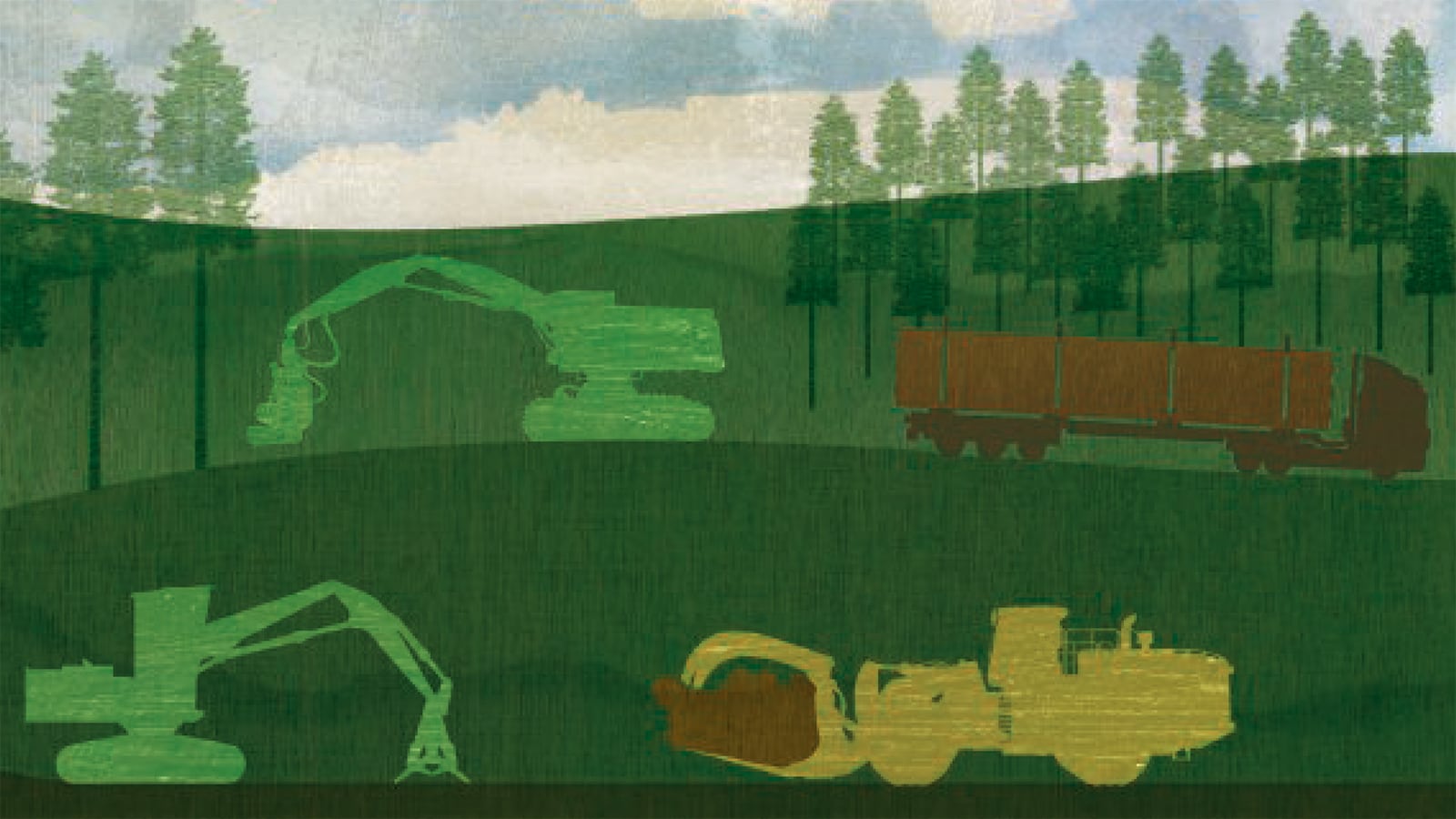 Illustration of a variety of forestry equipment working in the woods with blue sky with fluffy white clouds