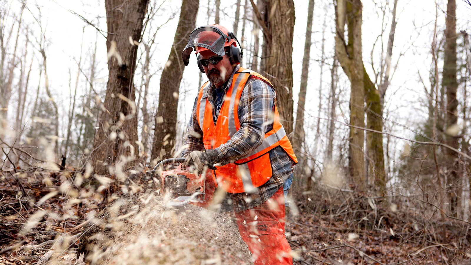 Danny Richards uses a chainsaw to cut through a log
