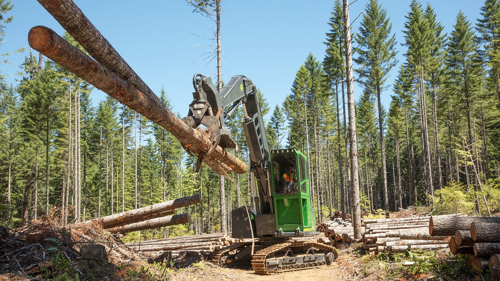 swing machine working in the woods, moving two logs