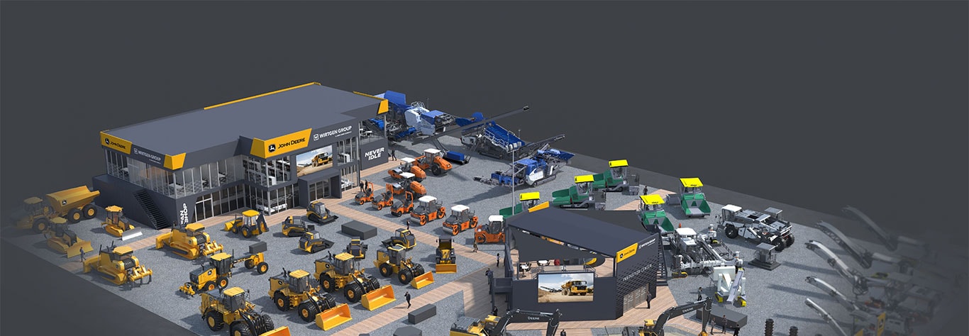 Large graphic displaying the John Deere and Wirtgen Group joint booth for CONEXPO-CON/AGG 2026.
