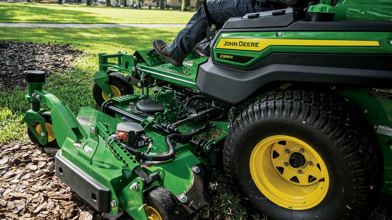 Close up of the deck on a John Deere Z998R ZTrak mower