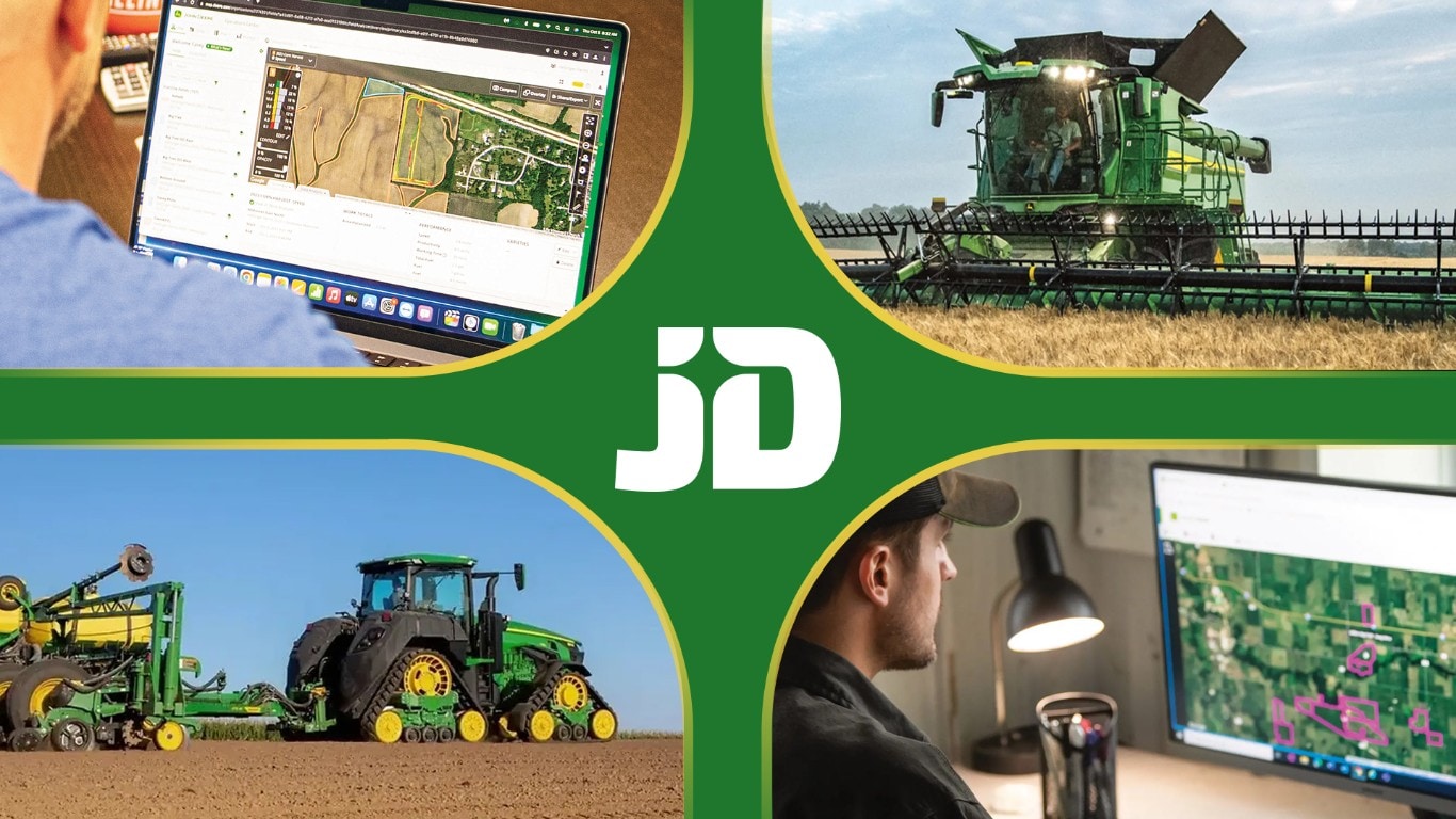 Un Cartes de l&rsquo;&eacute;quipement et de l&rsquo;agriculture de pr&eacute;cision John Deere affich&eacute;es dans un collage &agrave; quatre panneaux.