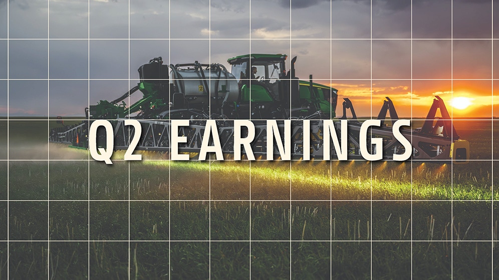 Q2 Earnings over an image of tractor in a field as dawn
