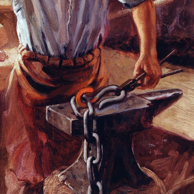 Peinture de John Deere qui travaille dans son atelier de forgeron, par Walter Haskell Hinton