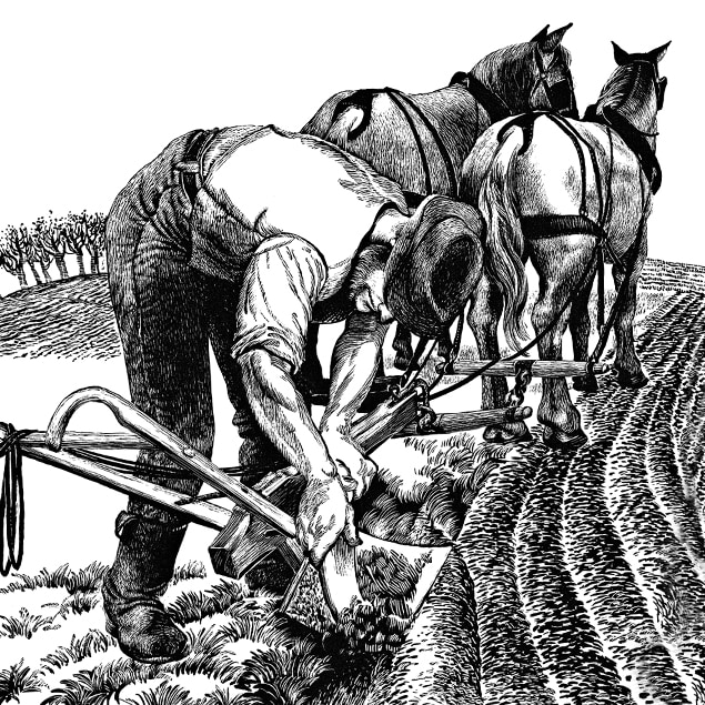 Illustration montrant un agriculteur grattant la terre de sa charrue en acier