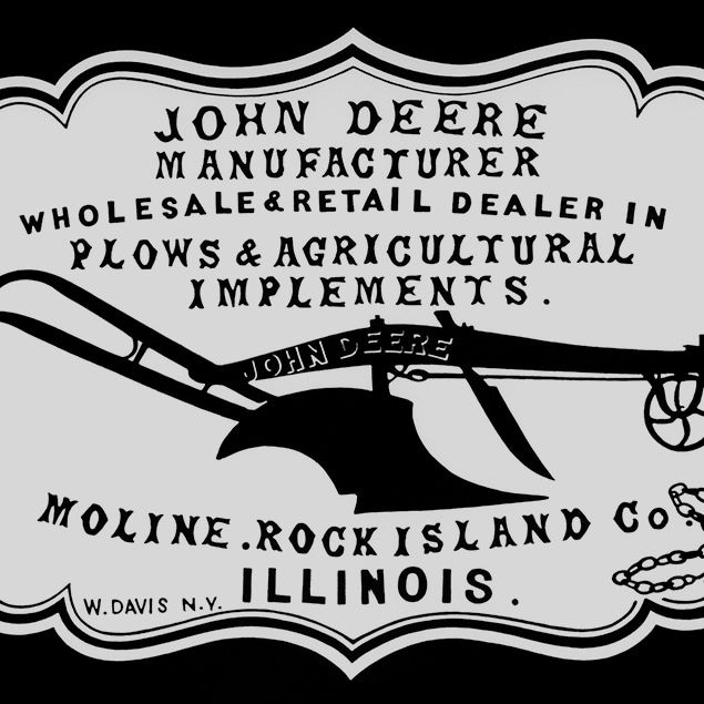 Une affiche publicitaire historique du 1855 : « John Deere Manufacturer, grossiste et détaillant de charrues et d'outils agricoles. Moline, Rock Island Co., Illinois »