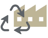 Icône du logo de recyclage avec trois flèches au-dessus d’une icône de bâtiments