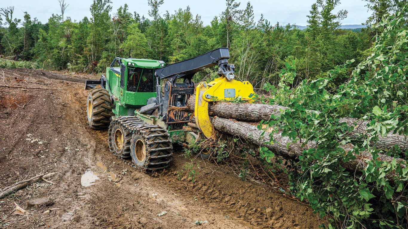 View of the 768L-II Bogie Skidder's grapple full of felled trees