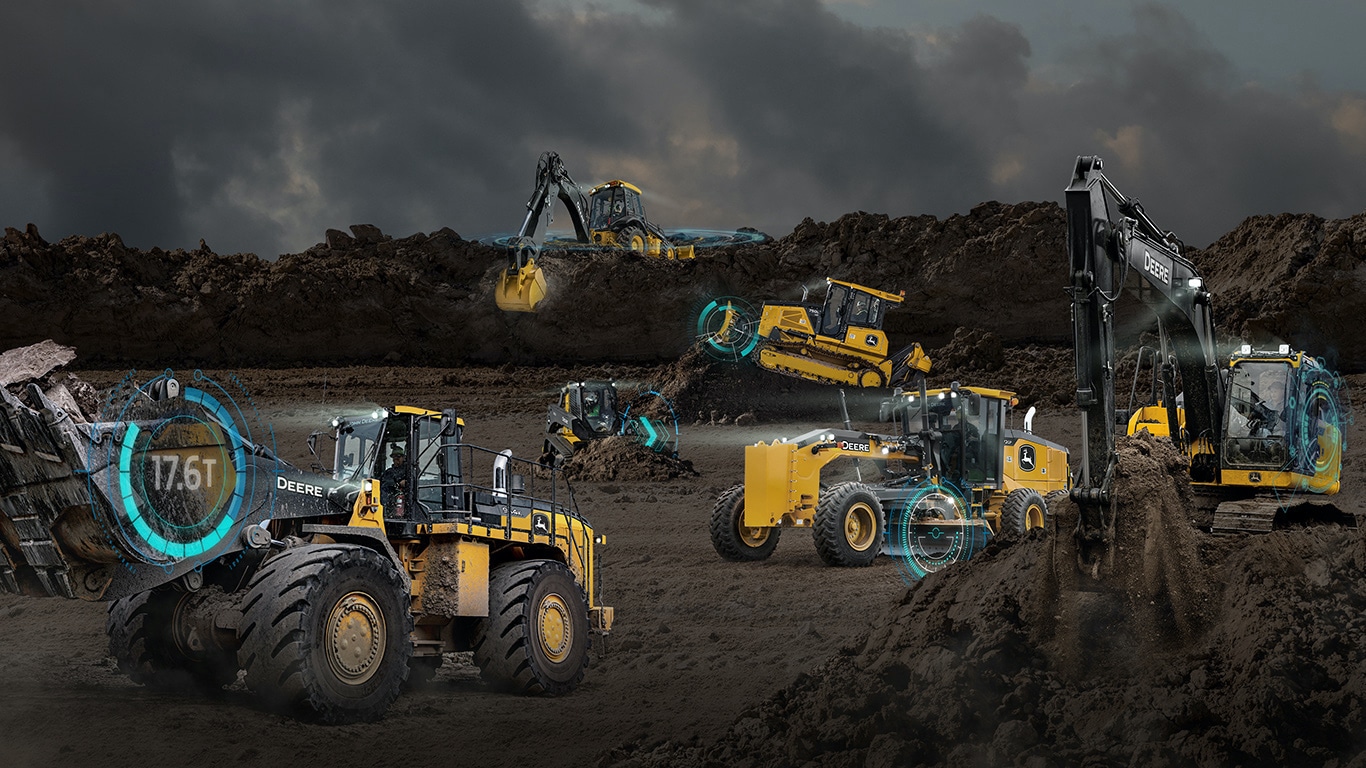 Graphisme de divers modèles d'équipement de construction John Deere sur un chantier