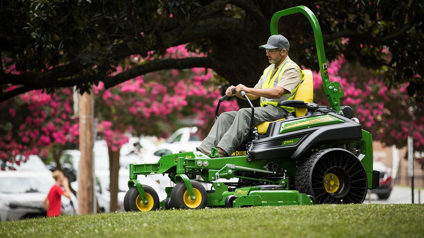 Man riding the new Z955R mower during spring time