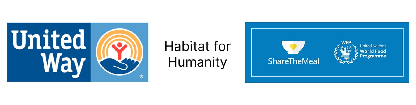 Logos showing: United Way, Habitat for Humanity, Share the Meal, and World Food Programme