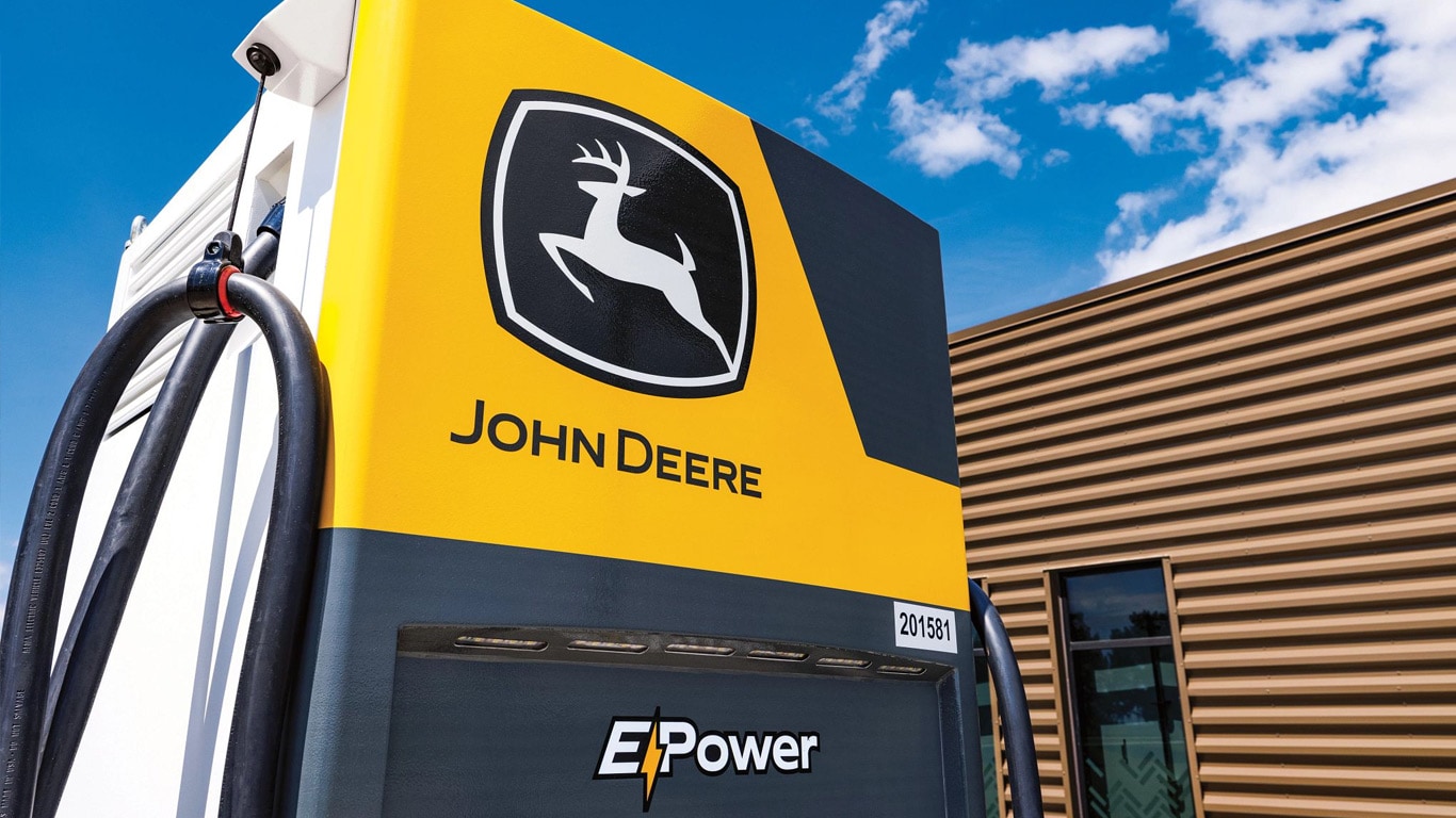 Closeup of a John Deere E-Power charging station